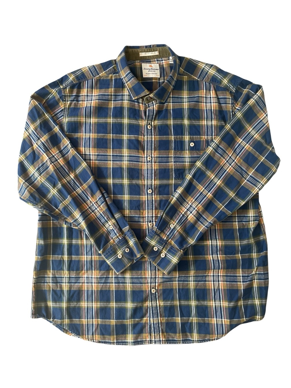 Tommy Bahama Blue and Tan Plaid Cotton Button-Down Shirt Long Sleeve